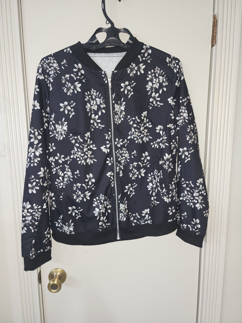 Floral Zip Bomber Jacket - Black with White Floral